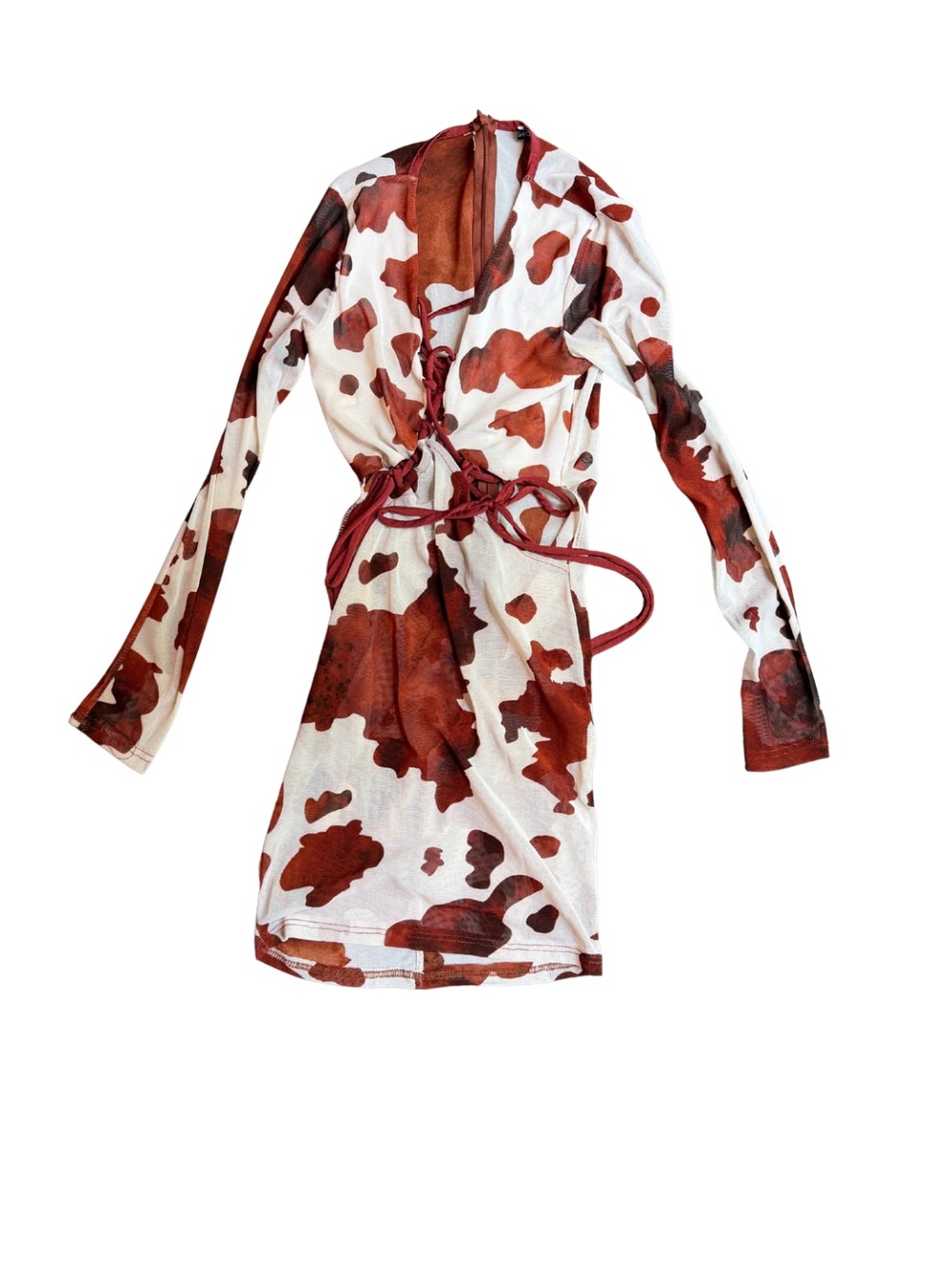 Fashion Nova White and Brown Cowprint Long Sleeve Mini Dress